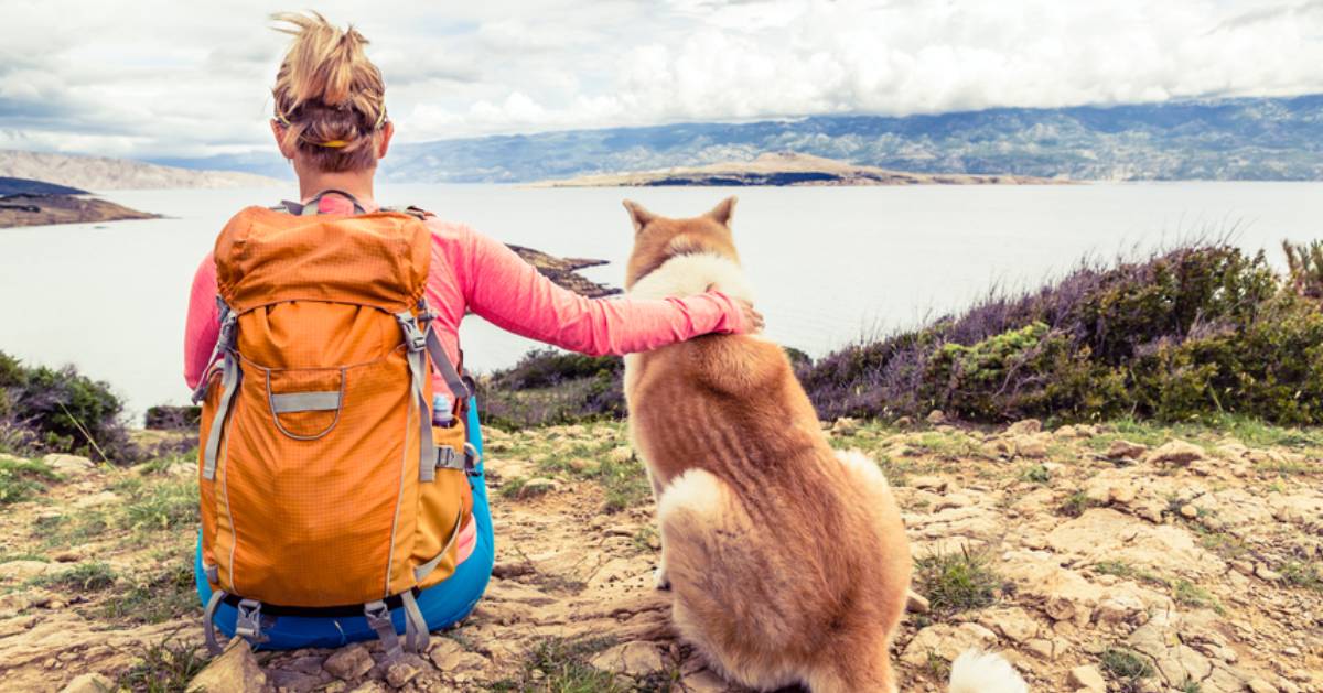 woman and dog near shoreline